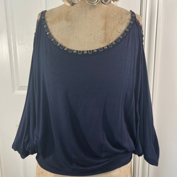 Anthropologie Beaded Navy Cold shoulder Top Short Sleeve Lightweight EUC M - Picture 1 of 6